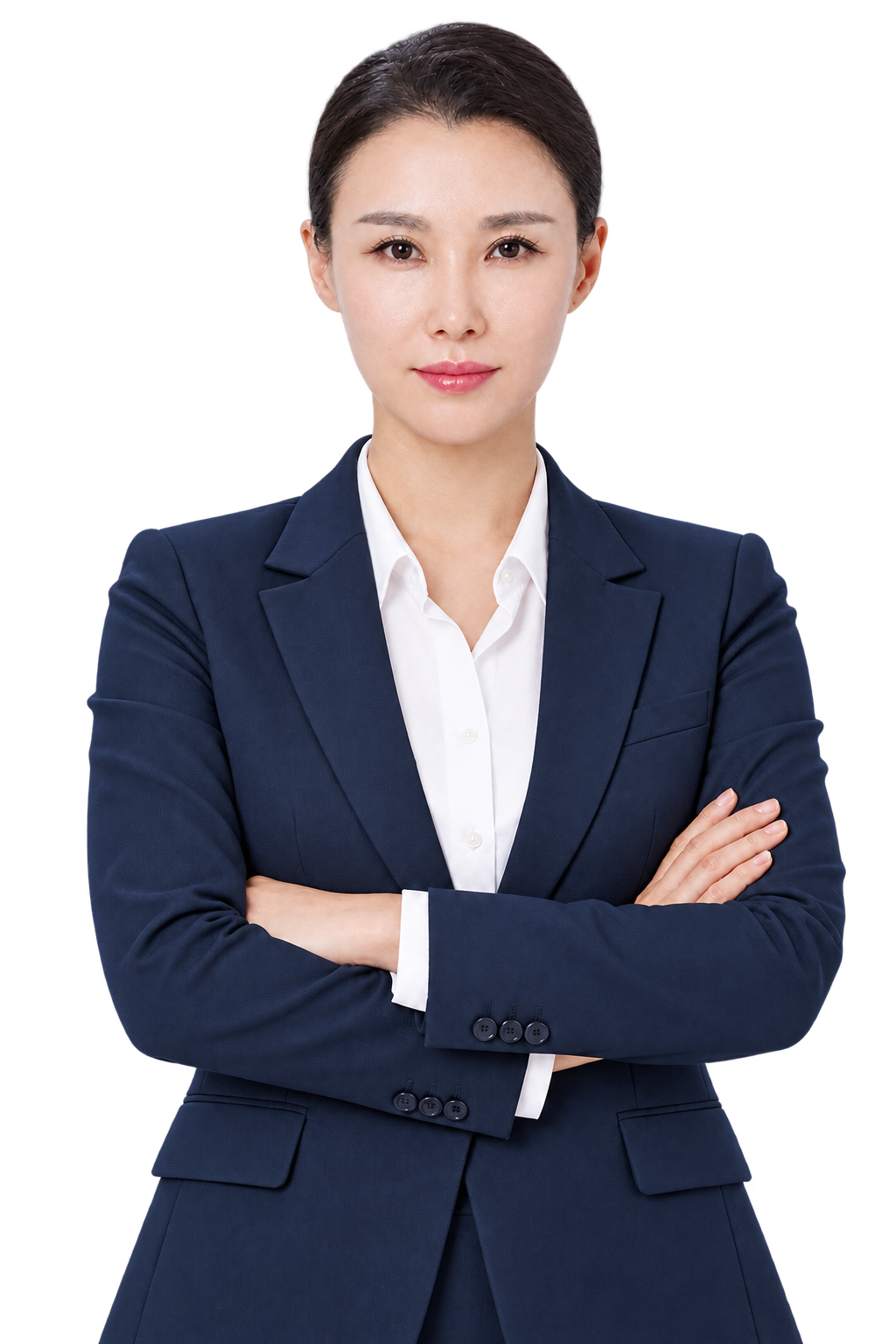 바이쏘이 대표 딥 네이비 정장과 흰 셔츠 팔짱 프로필 사진
